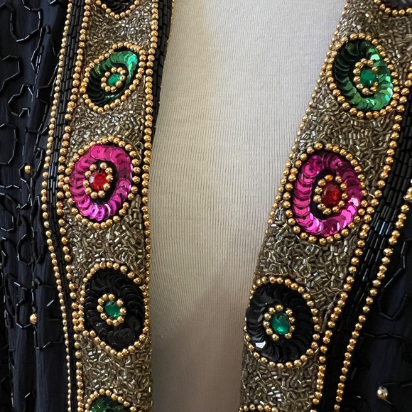 TAN CHHO EVENING JACKET XL BEADED OPEN FRONT ELEGANT VINTAGE SILK COCKTAIL - Picture 8 of 13